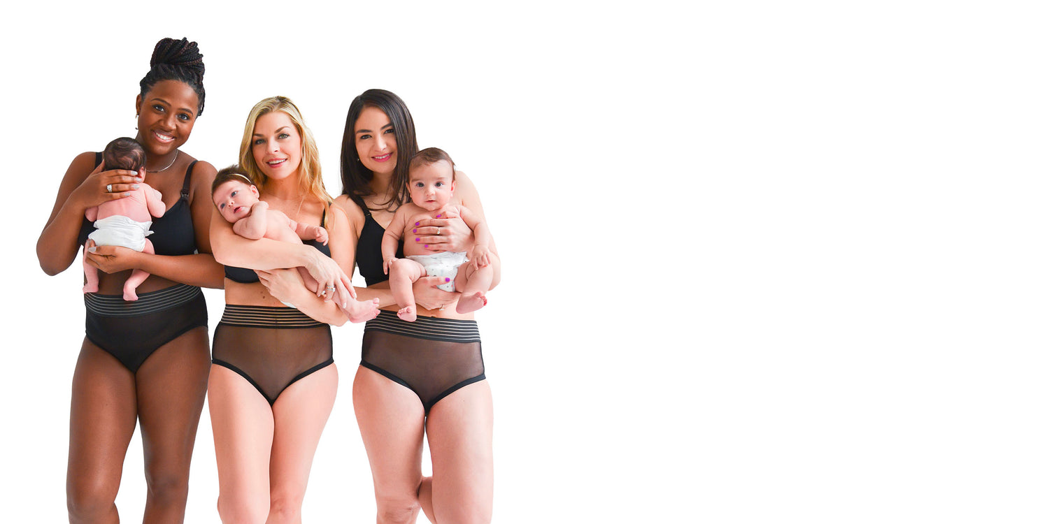 Mamas wearing HEAL Postpartum Panty and holding their babies.